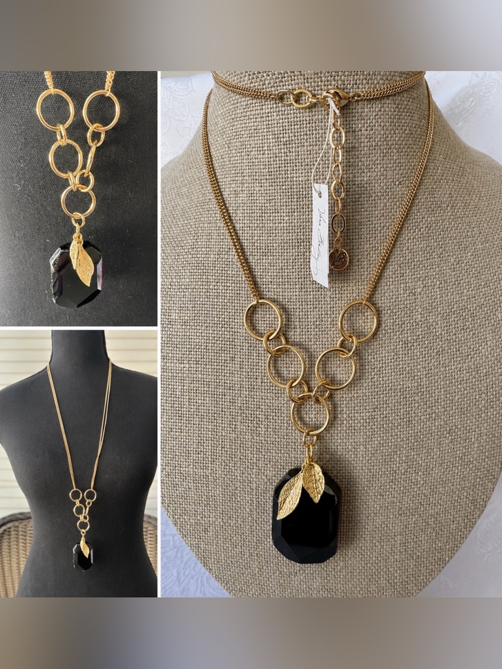 VERA BRADLEY Necklace 19" Long Black Goldtone Semi Precious Pendant NEW $54